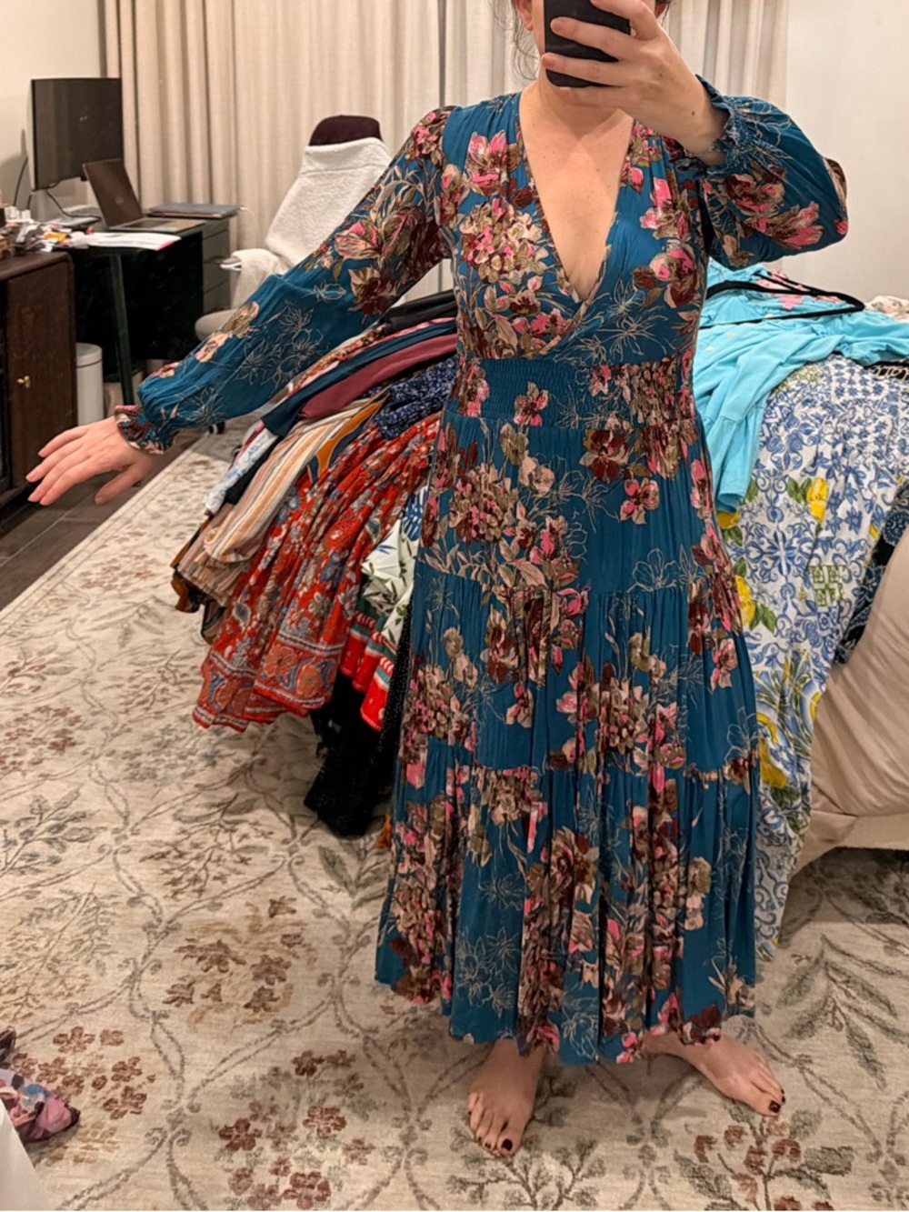 Dress Forum Teal Floral V-Neck Maxi Dress